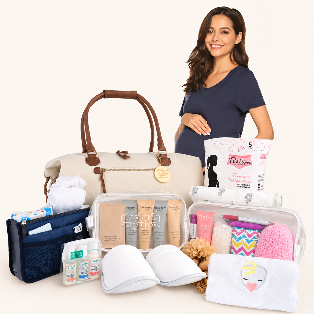 Carry all hospital bag with essentials and maternity pyjamas with pregnant lady