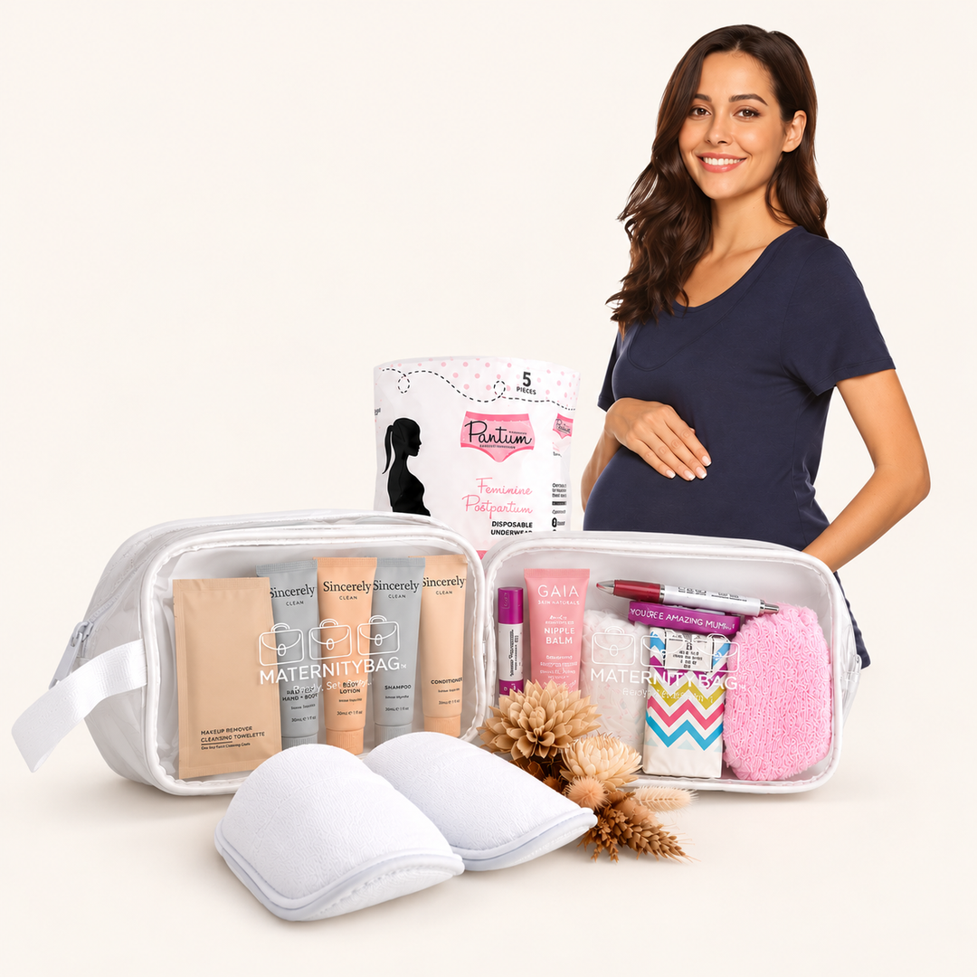 pregnant mum with maternity pyjamas with transparent bags for labour and toiletries